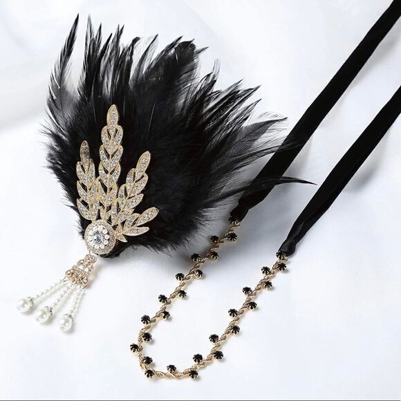 🪶✨ Art Deco 1920's Flapper Great Gatsby Pearl Black Feather Leaf Headband - Picture 3 of 5
